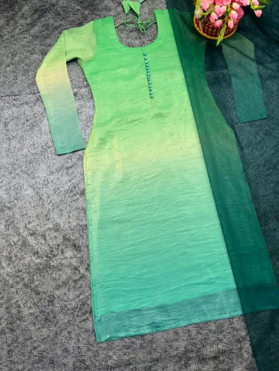 Yellow-green Gold crush Shaded Padding kurti with dupatta
